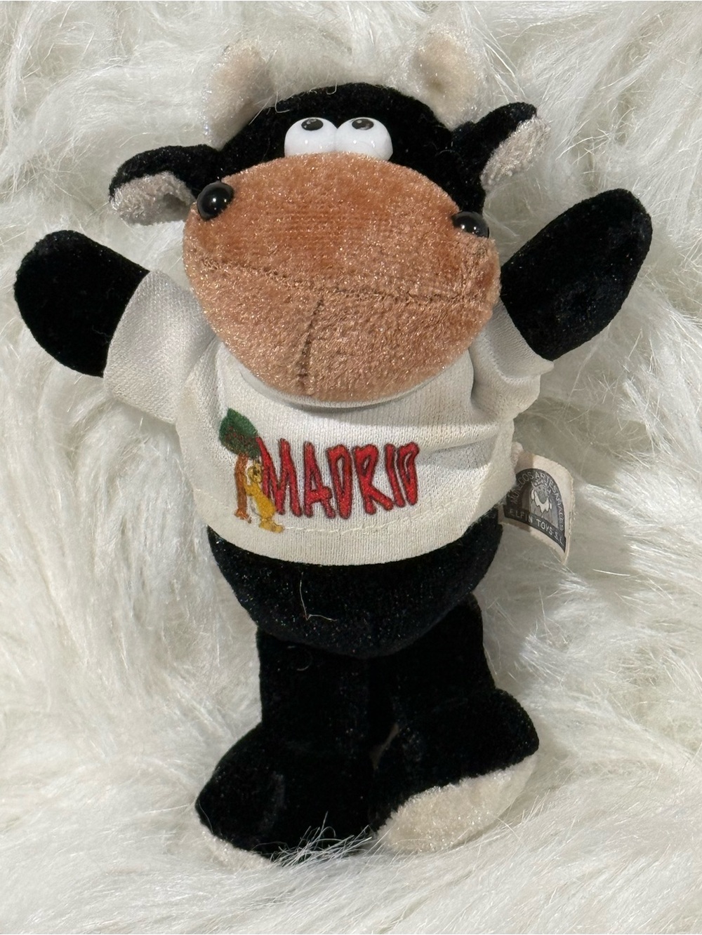 Spanish bull souvenir wearing a white "Madrid" t-shirt
